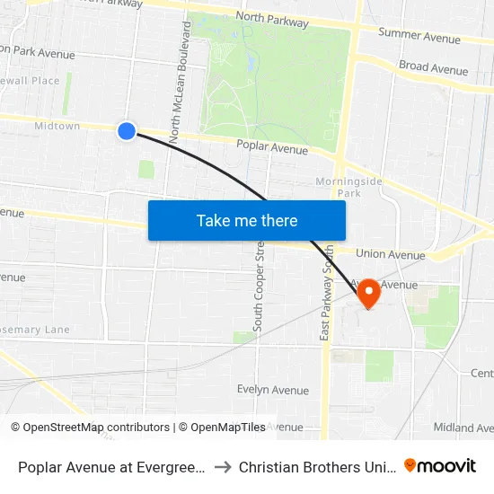 Poplar Avenue at Evergreen Street to Christian Brothers University map