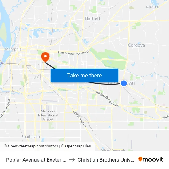 Poplar Avenue at Exeter Road to Christian Brothers University map