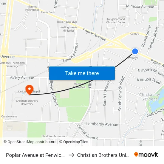 Poplar Avenue at Fenwick Road to Christian Brothers University map