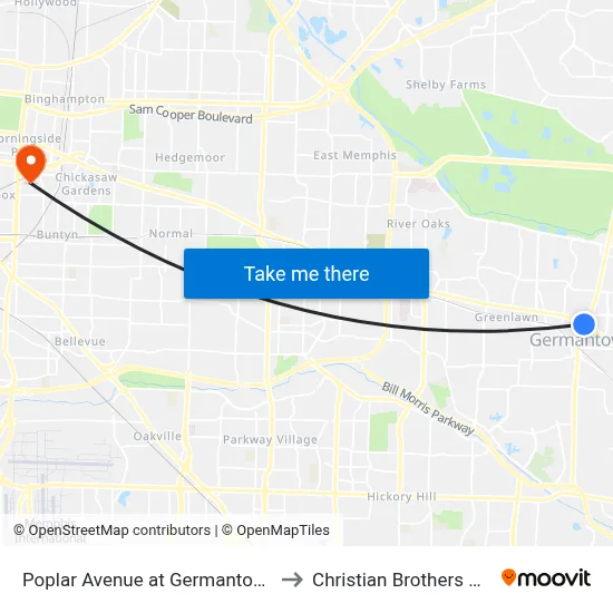 Poplar Avenue at Germantown Parkway to Christian Brothers University map