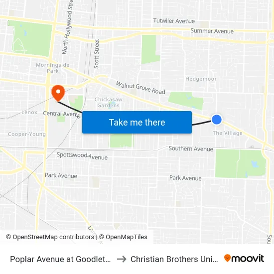 Poplar Avenue at Goodlett Street to Christian Brothers University map