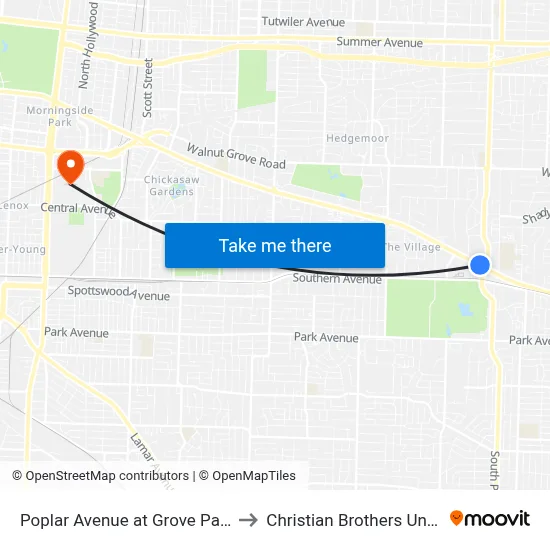 Poplar Avenue at Grove Park Road to Christian Brothers University map