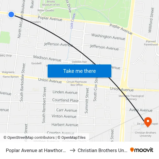 Poplar Avenue at Hawthorne Street to Christian Brothers University map
