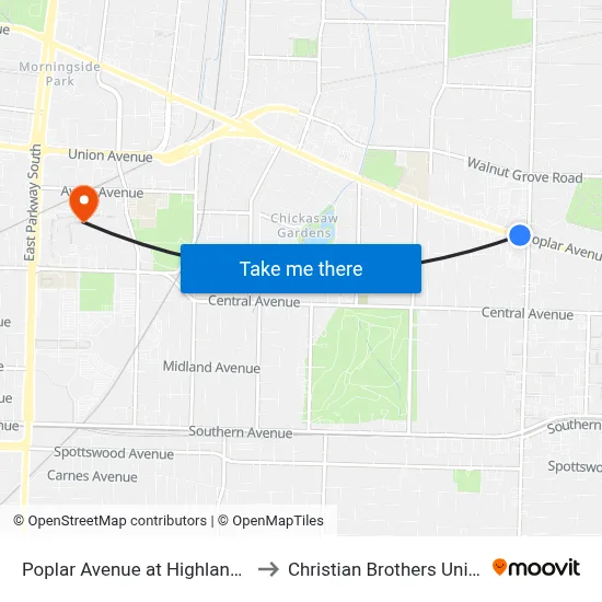 Poplar Avenue at Highland Street to Christian Brothers University map