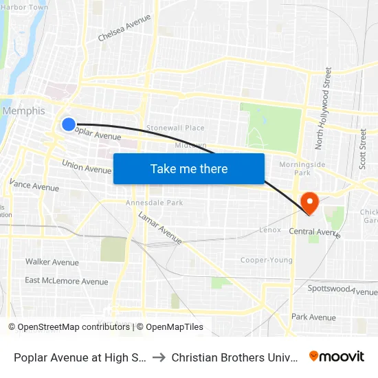 Poplar Avenue at High Street to Christian Brothers University map