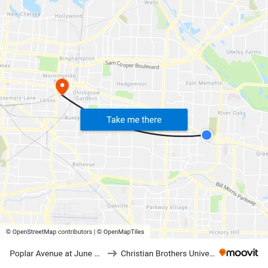 Poplar Avenue at June Road to Christian Brothers University map