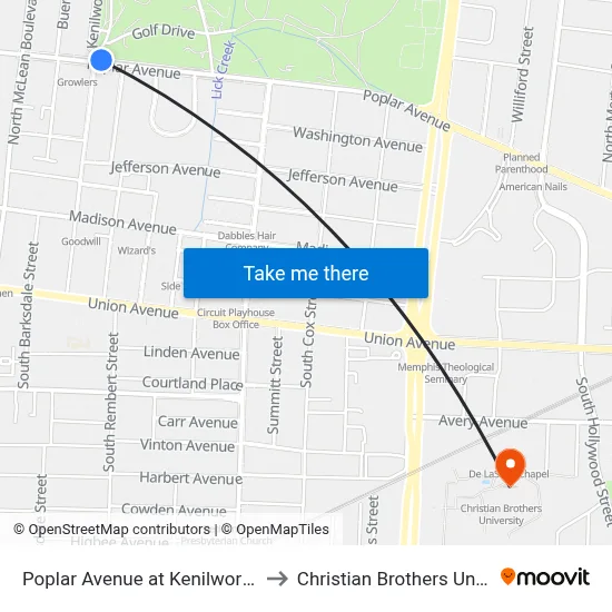 Poplar Avenue at Kenilworth Place to Christian Brothers University map