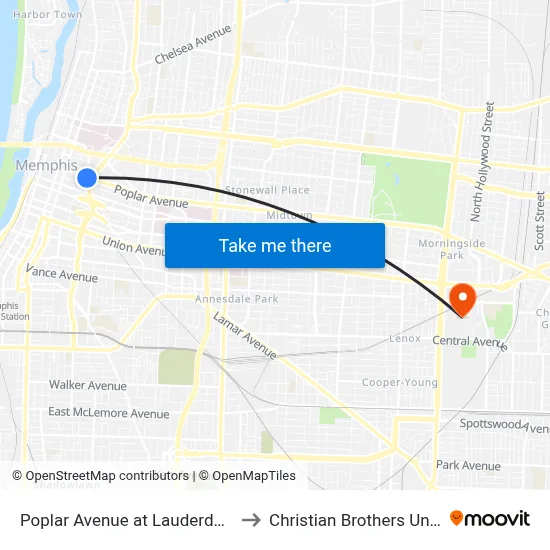 Poplar Avenue at Lauderdale Street to Christian Brothers University map