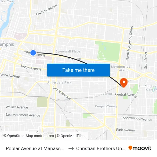 Poplar Avenue at Manassas Street to Christian Brothers University map