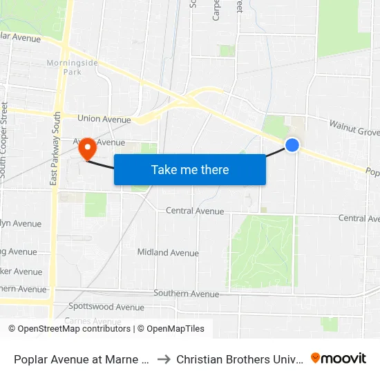 Poplar Avenue at Marne Street to Christian Brothers University map