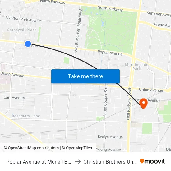 Poplar Avenue at Mcneil Boulevard to Christian Brothers University map