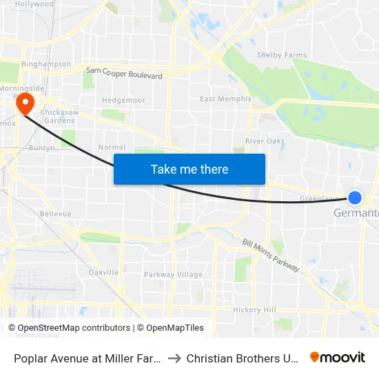 Poplar Avenue at Miller Farms Road to Christian Brothers University map