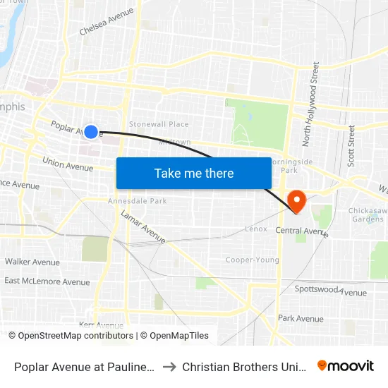 Poplar Avenue at Pauline Street to Christian Brothers University map