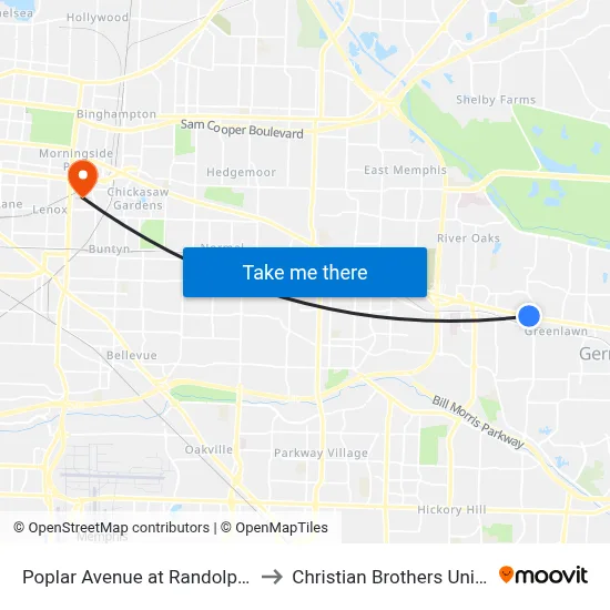 Poplar Avenue at Randolph Place to Christian Brothers University map