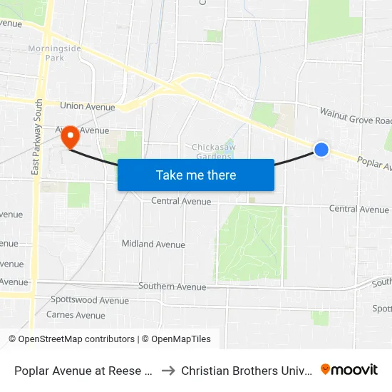 Poplar Avenue at Reese Street to Christian Brothers University map