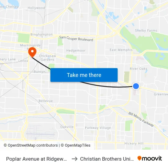 Poplar Avenue at Ridgeway Loop to Christian Brothers University map
