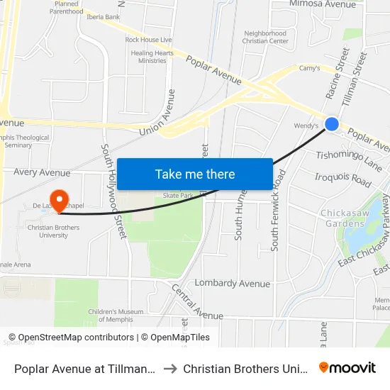 Poplar Avenue at Tillman Street to Christian Brothers University map