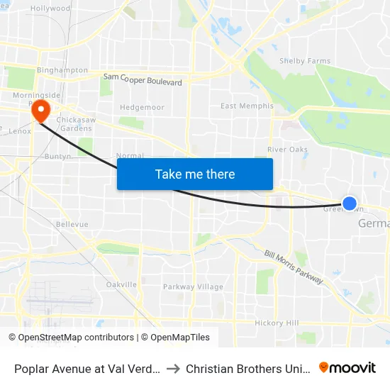 Poplar Avenue at Val Verde Drive to Christian Brothers University map