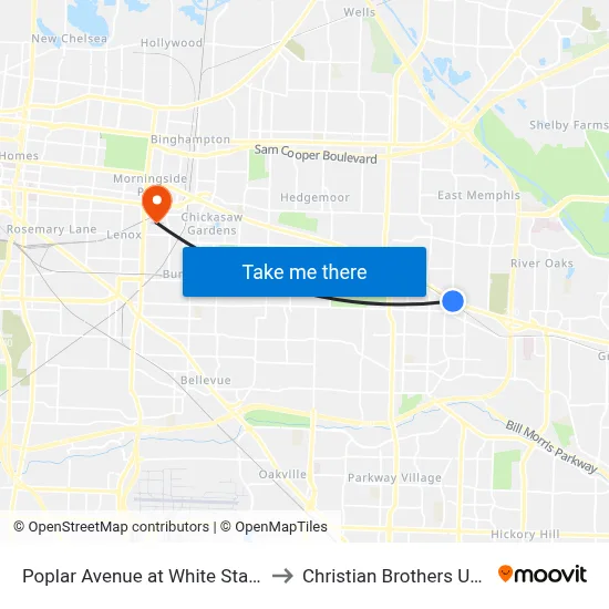 Poplar Avenue at White Station Road to Christian Brothers University map