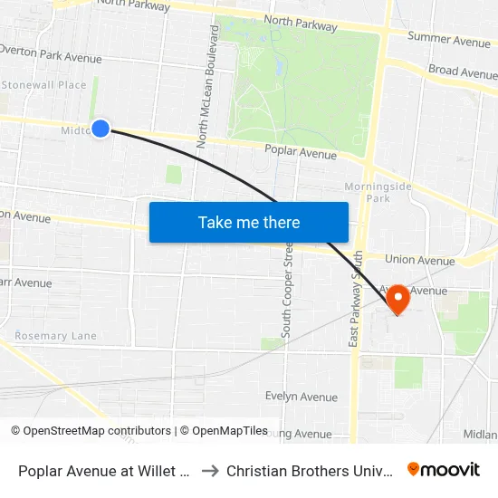 Poplar Avenue at Willet Road to Christian Brothers University map