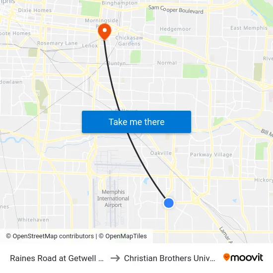 Raines Road at Getwell Road to Christian Brothers University map