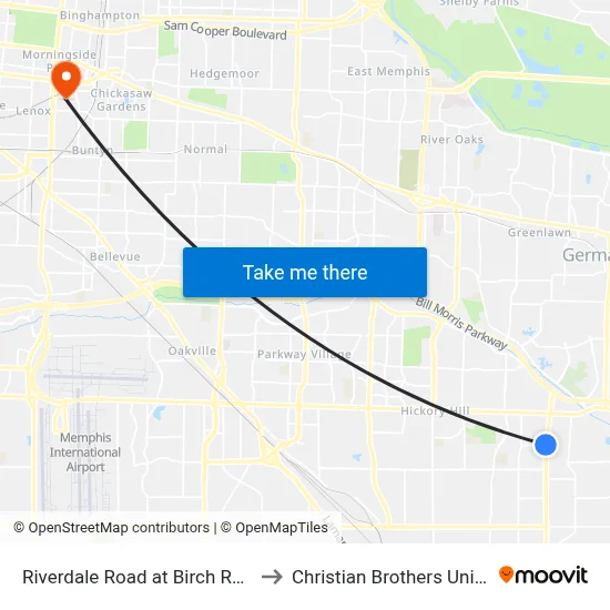 Riverdale Road at Birch Run Lane to Christian Brothers University map