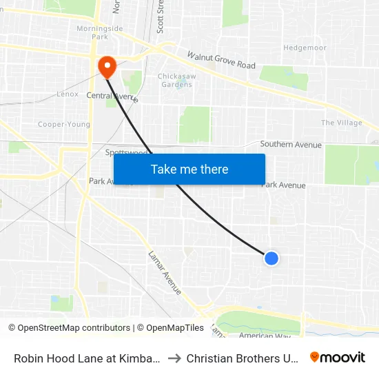 Robin Hood Lane at Kimball Avenue to Christian Brothers University map