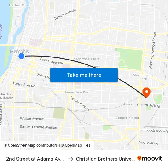 2nd Street at Adams Avenue to Christian Brothers University map