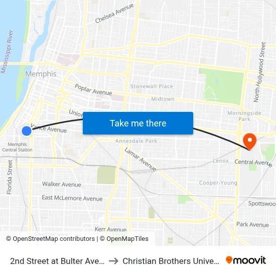 2nd Street at Bulter Avenue to Christian Brothers University map