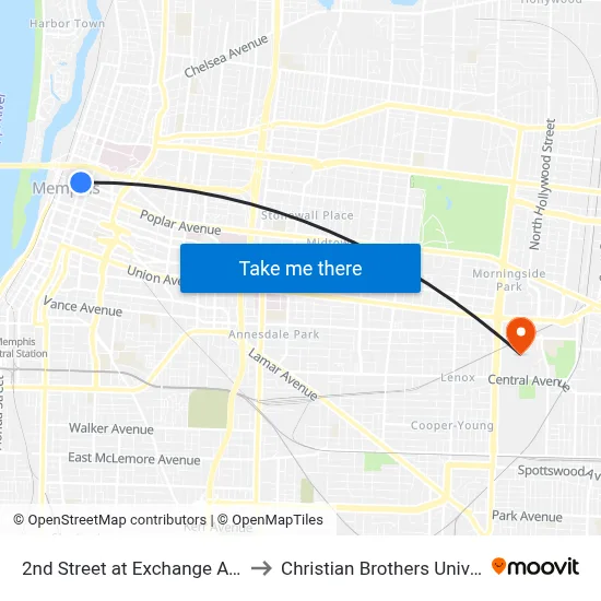 2nd Street at Exchange Avenue to Christian Brothers University map