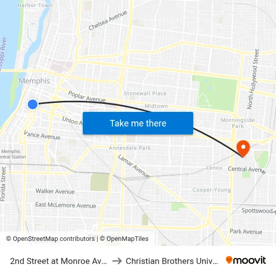 2nd Street at Monroe Avenue to Christian Brothers University map