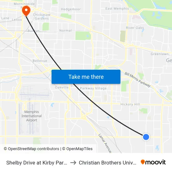 Shelby Drive at Kirby Parkway to Christian Brothers University map