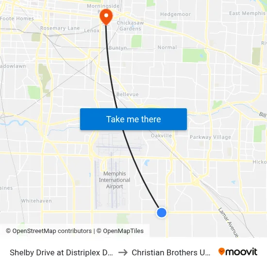 Shelby Drive at Distriplex Drive West to Christian Brothers University map