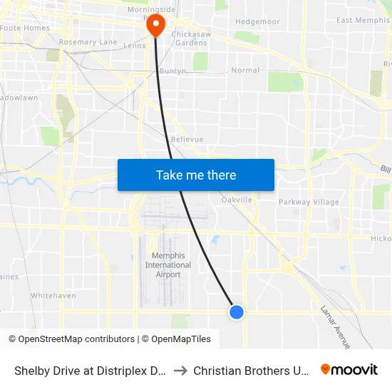 Shelby Drive at Distriplex Drive West to Christian Brothers University map