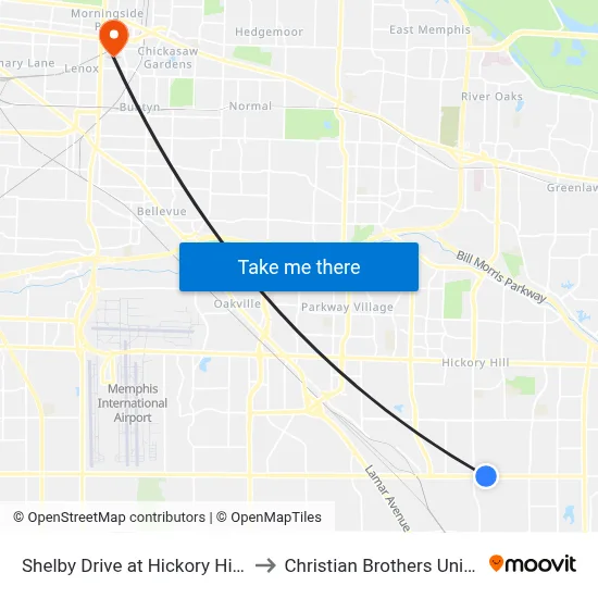 Shelby Drive at Hickory Hill Road to Christian Brothers University map