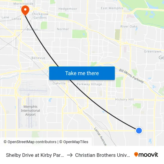 Shelby Drive at Kirby Parkway to Christian Brothers University map