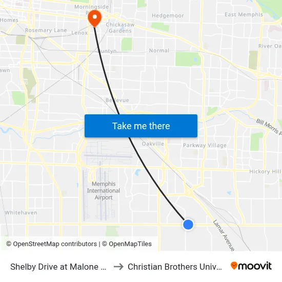 Shelby Drive at Malone Road to Christian Brothers University map