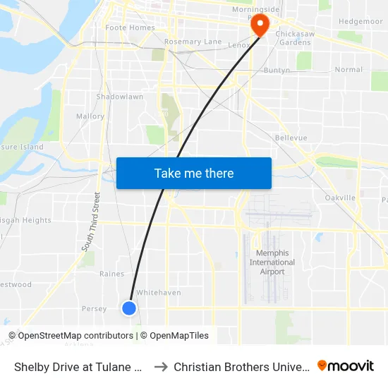 Shelby Drive at Tulane Road to Christian Brothers University map