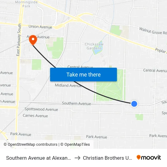 Southern Avenue at Alexander Street to Christian Brothers University map