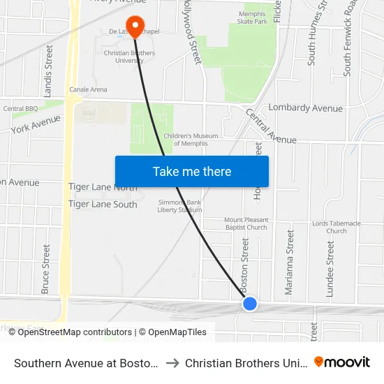 Southern Avenue at Boston Street to Christian Brothers University map