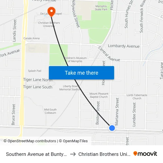 Southern Avenue at Buntyn Street to Christian Brothers University map