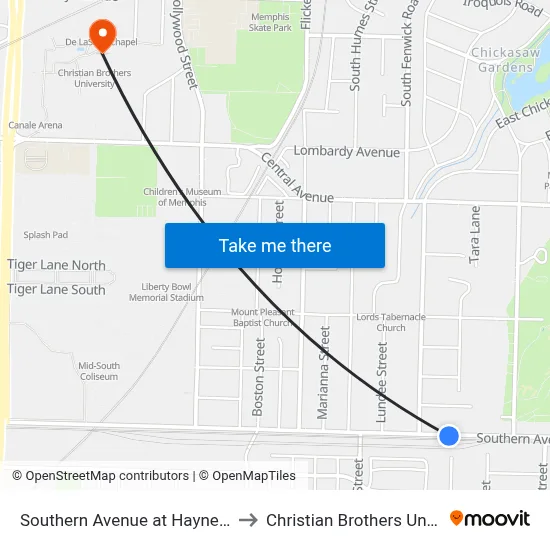 Southern Avenue at Haynes Street to Christian Brothers University map