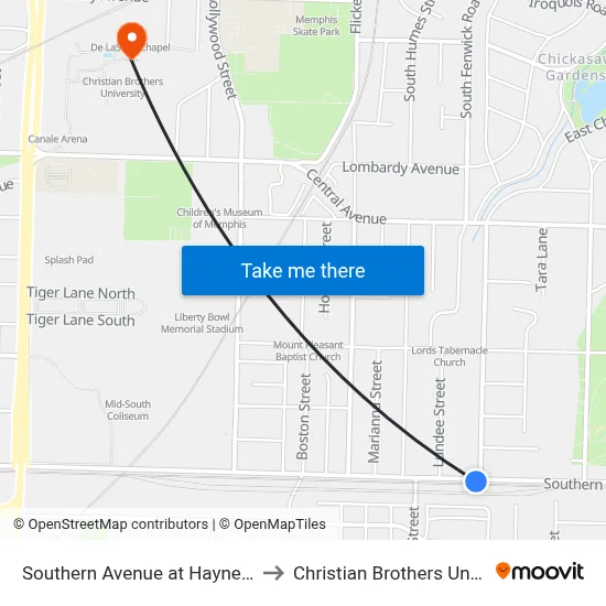 Southern Avenue at Haynes Street to Christian Brothers University map