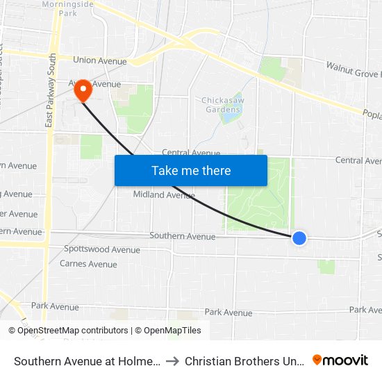 Southern Avenue at Holmes Street to Christian Brothers University map