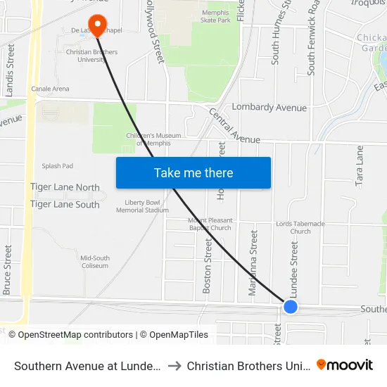 Southern Avenue at Lundee Street to Christian Brothers University map