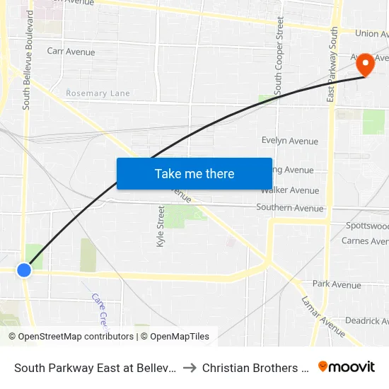 South Parkway East at Bellevue Boulevard to Christian Brothers University map