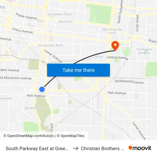 South Parkway East at Greenwood Street to Christian Brothers University map