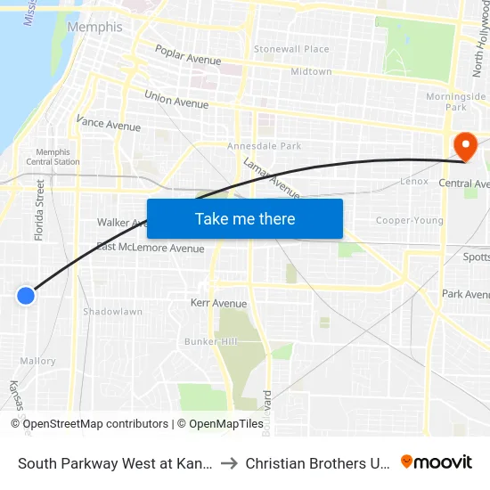 South Parkway West at Kansas Street to Christian Brothers University map