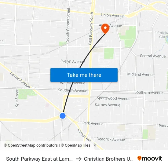 South Parkway East at Lamar Avenue to Christian Brothers University map