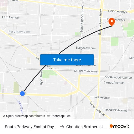 South Parkway East at Rayner Street to Christian Brothers University map